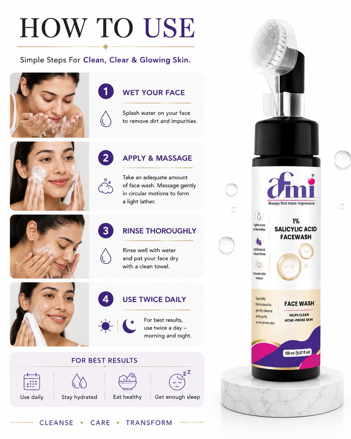 AFMI 1% Salicylic Acid Face Wash for Oily & Acne-Prone Skin | Deep Cleansing Foaming Face Cleanser with Soft Brush Applicator | Daily Use Face Wash for Men & Women | 150 ml