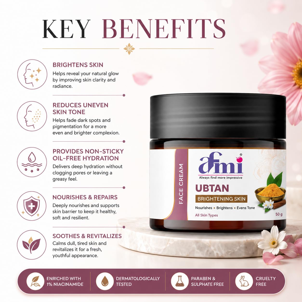 AFMI Ubtan Face Cream with Niacinamide | Daily Moisturising Cream for Bright & Healthy-Looking Skin | Lightweight Hydrating Formula for All Skin Types | 50 g