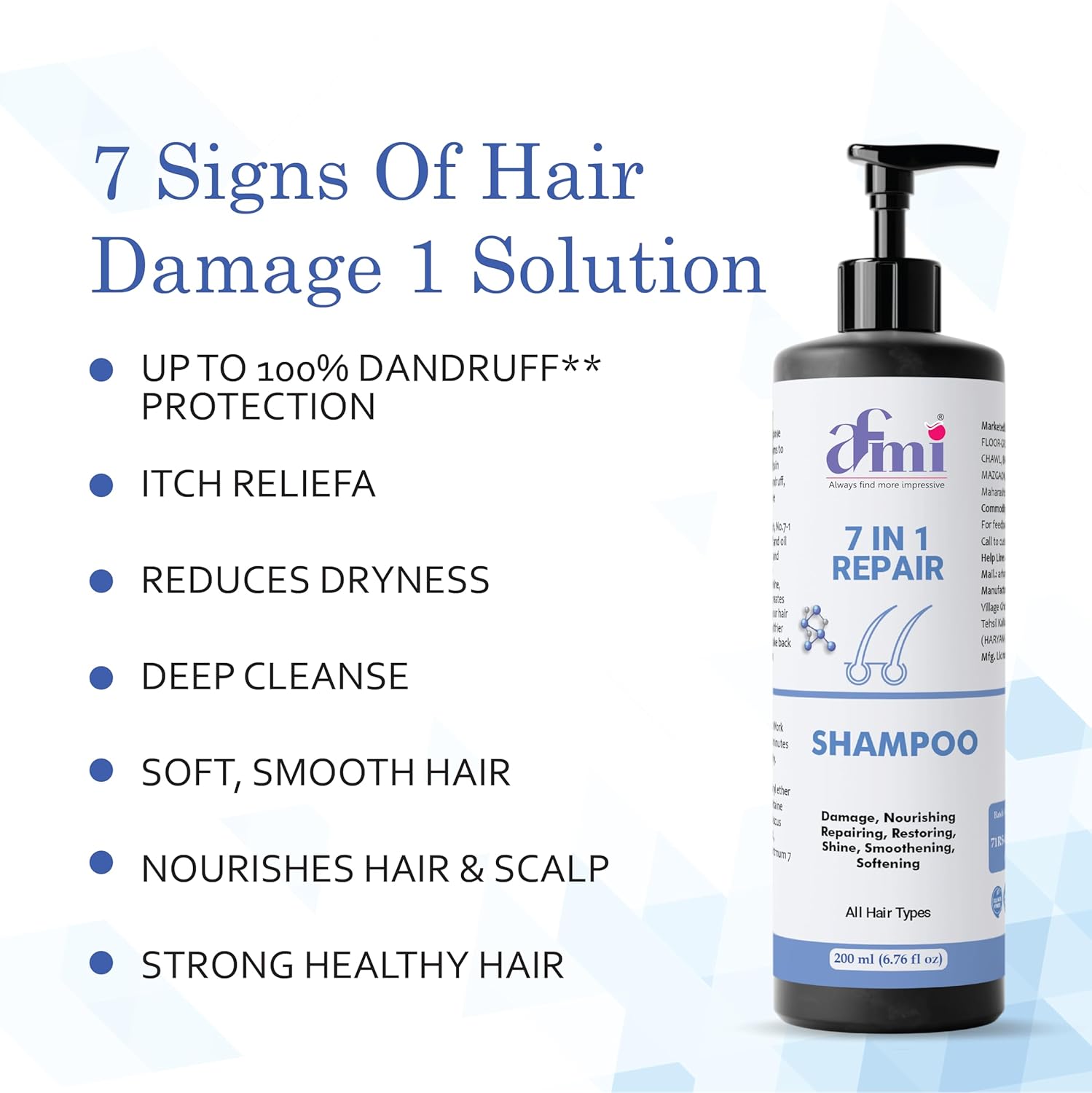 Afmi Shampoo, Anti Hair Fall, Frizz-Free, Boosts Hair Growth, Soothes Dry Scalp, All Hair Types, 200ml (7 in 1 Repair Shampoo)