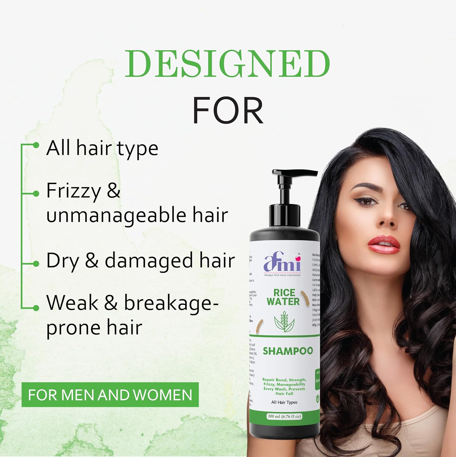 Afmi Shampoo, Anti Hair Fall, Frizz-Free, Boosts Hair Growth, Soothes Dry Scalp, All Hair Types, 200ml (Rice water shampoo)